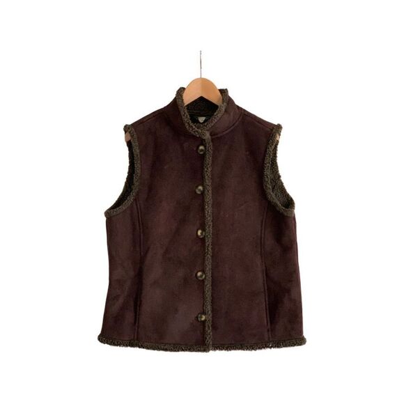 L.L. Bean Jackets & Blazers - L.L. Bean Faux Suede Leather Brown Sherpa Lined Button Down Vest